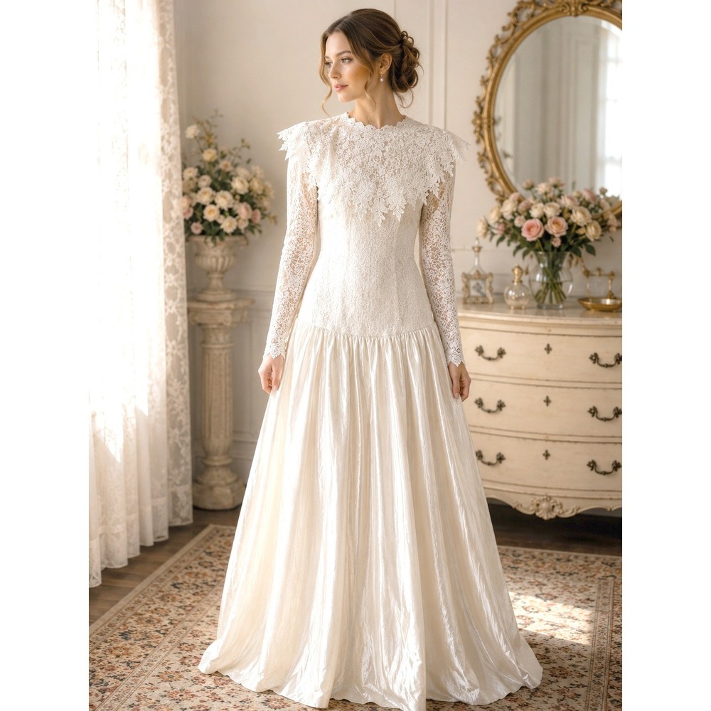 Jessica McClintock Wedding Dress‎ Wms 9 Ivory Lace Long Sleeve 80s Vintage Gown